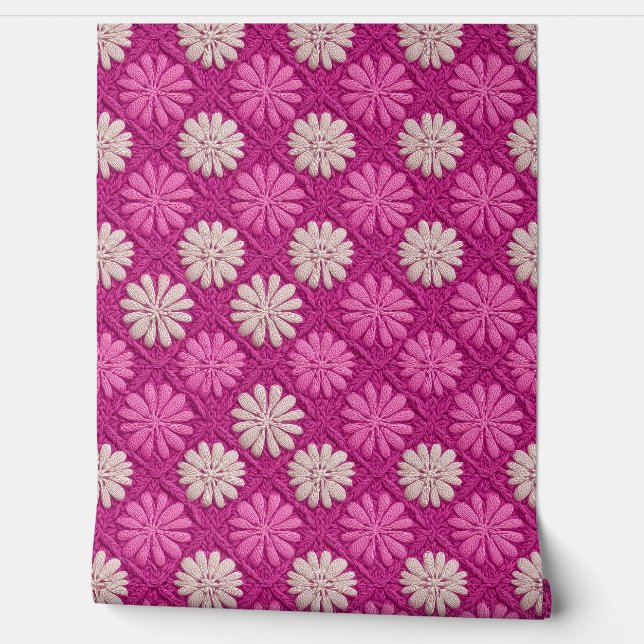 Pink Crochet Floral Granny Square Wallpaper (Unrolling)