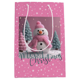  Pink Crocheted Christmas Snowman Medium Gift Bag