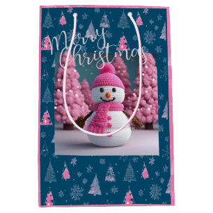 Pink Crocheted Snowman Winter Wonderland Medium Gift Bag