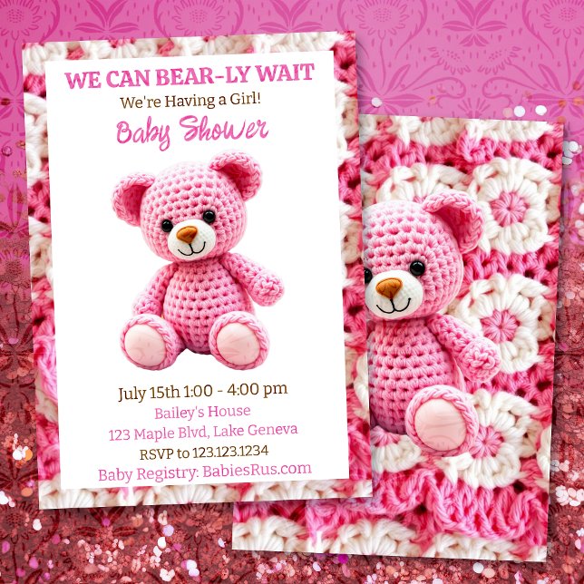Pink Crocheted Teddy Bear Girl's Baby Shower Invitation (Creator Uploaded)