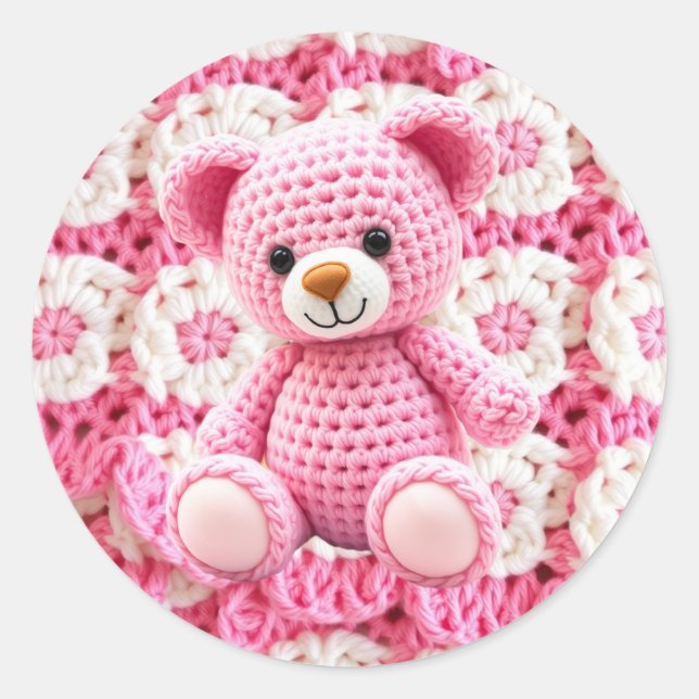 Pink Crocheted Teddy Bear It's a Girl Classic Round Sticker (Front)