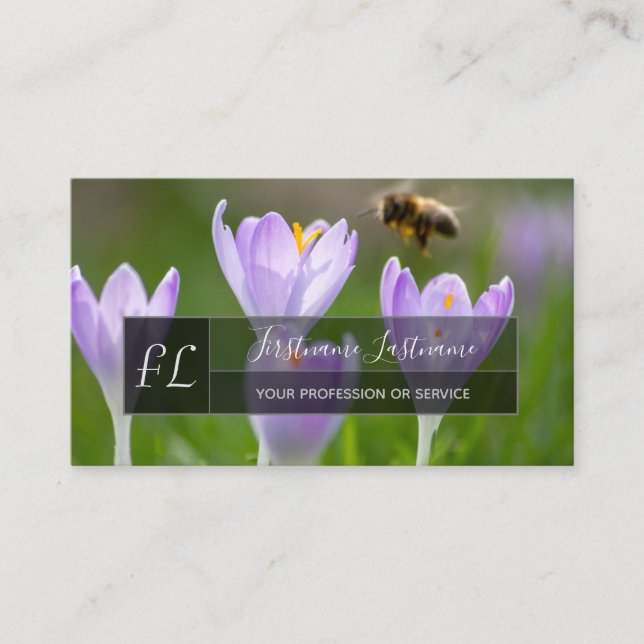 Pink crocus blossom bee grey rectangle monogram business card (Front)