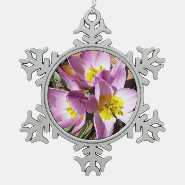 Pink Crocuses Spring Floral Snowflake Pewter Christmas Ornament (Front)
