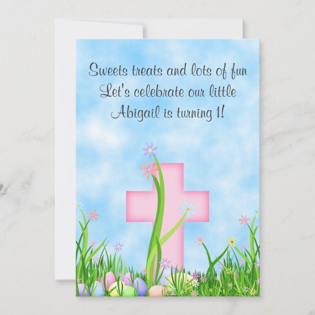 Pink Cross and Easter Eggs 1st Birthday Invitation (Front)