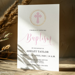 Pink Cross and Faux Gold Frame Baptism Invitation