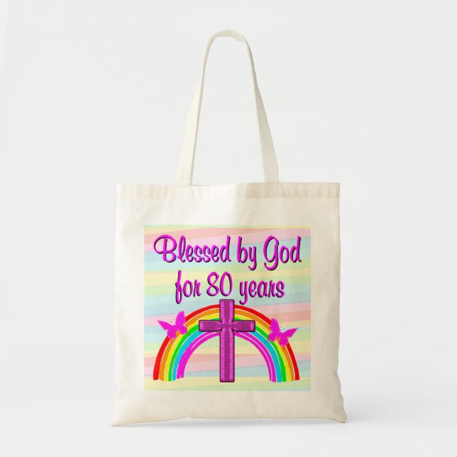 PINK CROSS AND RAINBOW 80TH BIRTHDAY TOTE BAG (Front)