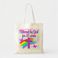 PINK CROSS AND RAINBOW 85TH BIRTHDAY TOTE BAG