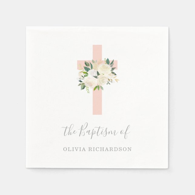 Pink Cross and White Flowers | Girl Baptism Napkin (Front)