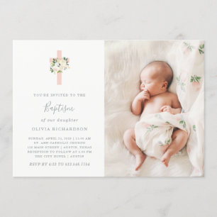 Pink Cross and White Flowers   Photo Girl Baptism Invitation