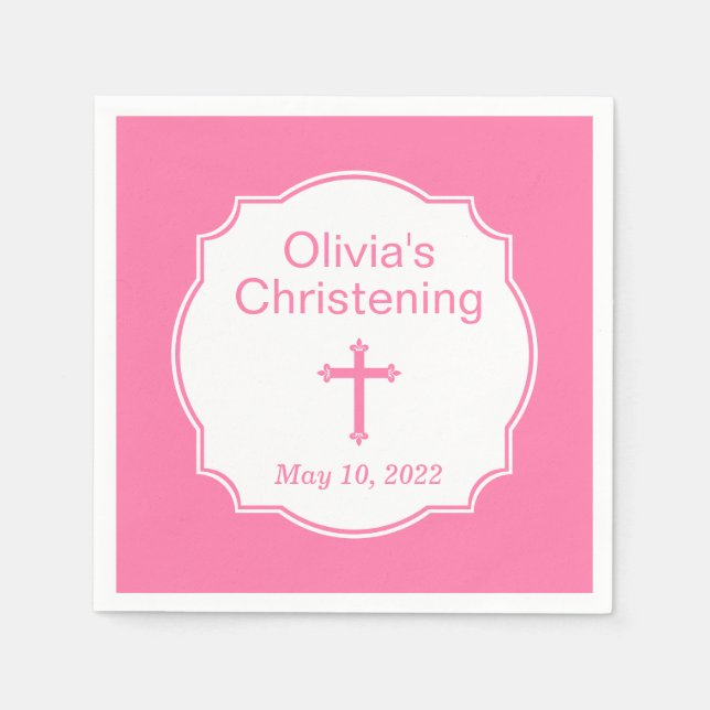 Pink Cross Baby Girl Baptism Christening Napkin (Front)