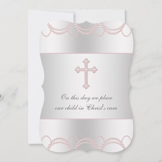 Pink Cross Baby Girl Christening Baptism Invitation (Front)
