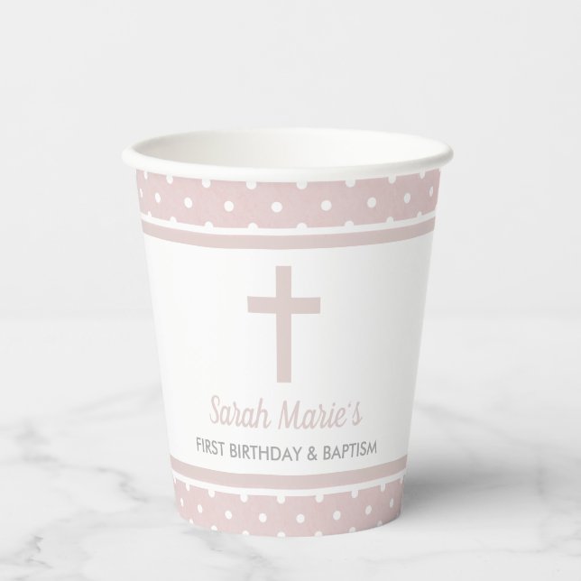 Pink Cross Baby Girl First Birthday Baptism Paper Cups (Front)