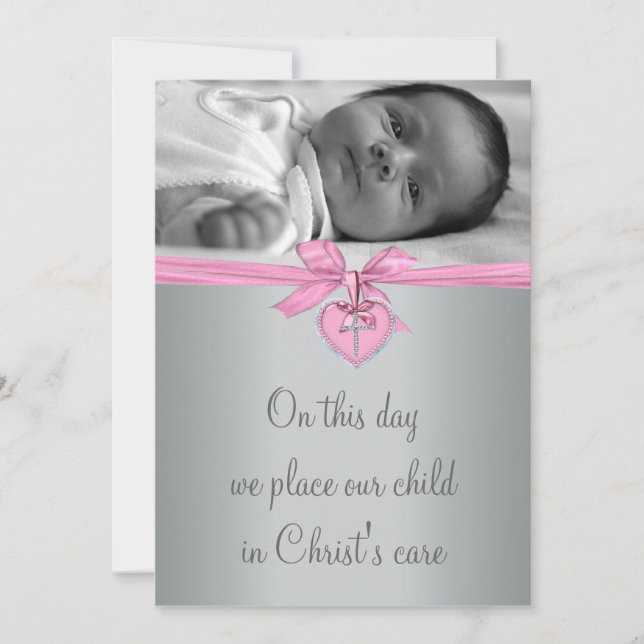 Pink Cross Baby Girl Photo Christening Invitation (Front)