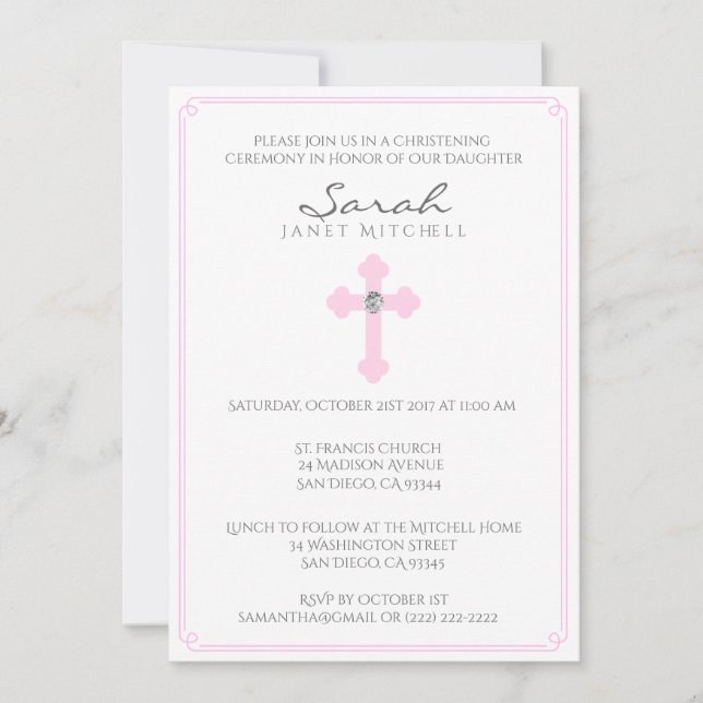 Pink Cross Baptism Christening Ceremony Girl Invitation (Front)