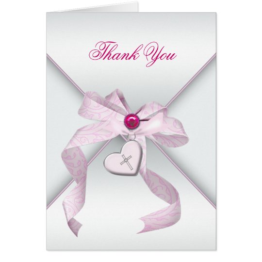 Pink Cross Baptism Christening Thank You Card