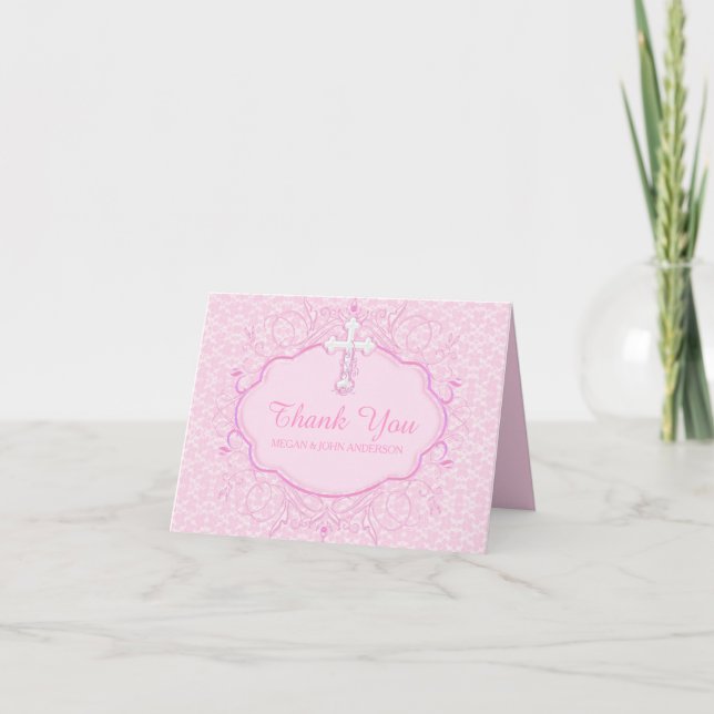Pink Cross Baptism Christening Thank You Card (Front)