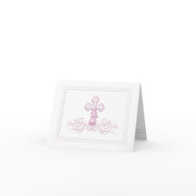 Pink Cross Baptism First Communion Thank You Cards