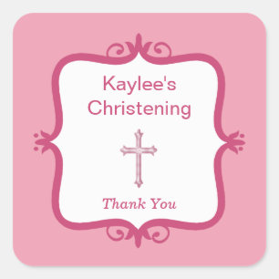 Pink Cross Baptism Square Sticker