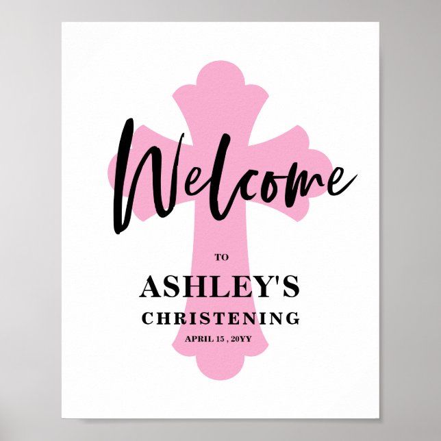 Pink Cross Christening Welcome Sign (Front)