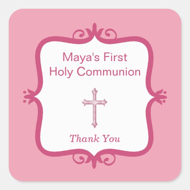 Pink Cross Communion Square Sticker (Front)