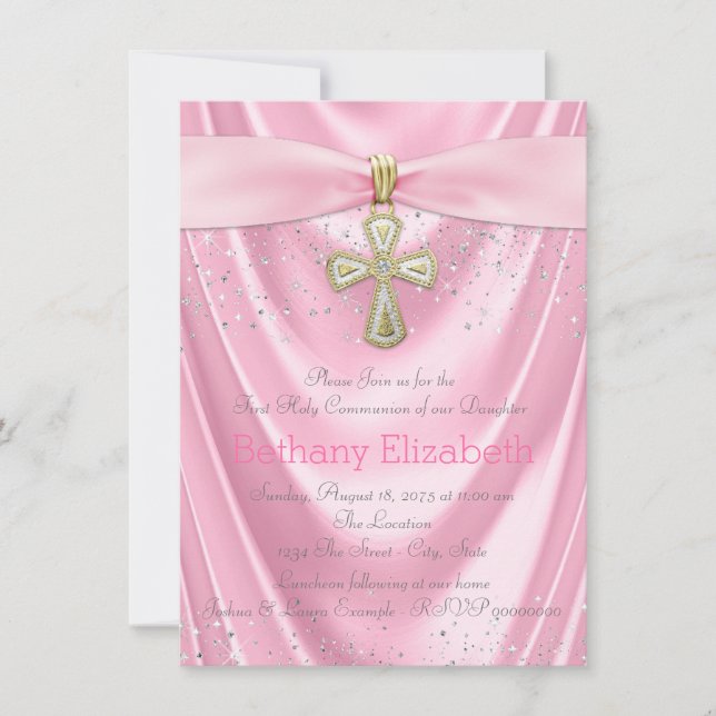 Pink Cross First Communion Pink Satin Invitation (Front)