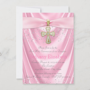 Pink Cross First Communion Pink Satin Invitation