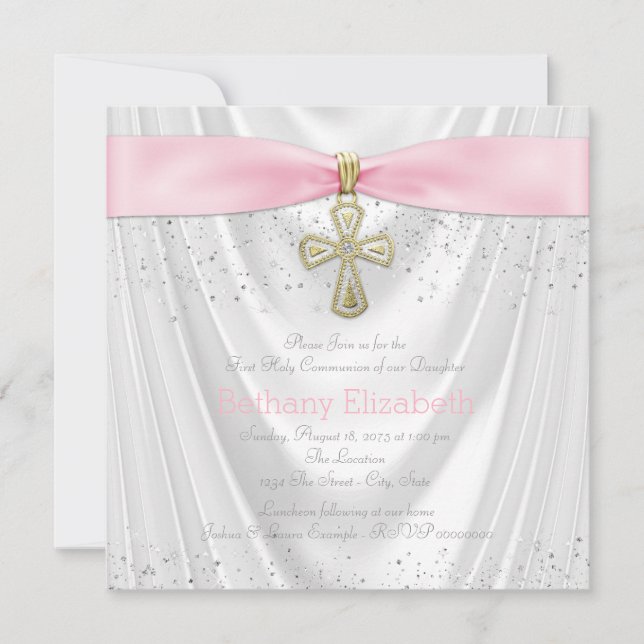 Pink Cross First Communion White Satin Glitter Invitation (Front)