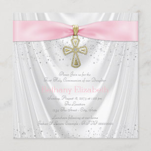 Pink Cross First Communion White Satin Glitter Invitation