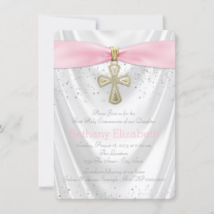 Pink Cross First Communion White Satin Glitter Invitation