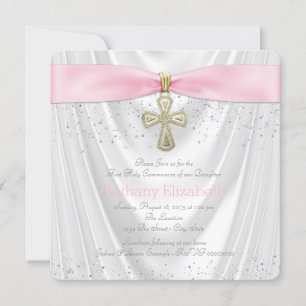Pink Cross First Communion White Satin Invitation