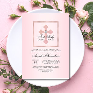 Pink Cross First Holy Communion GIRL Invitation