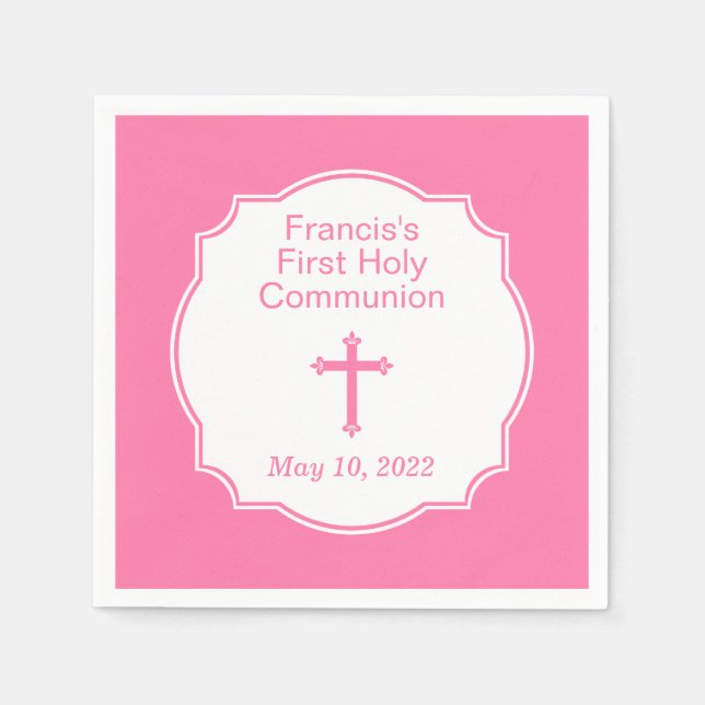 Pink Cross First Holy Communion Napkin (Front)