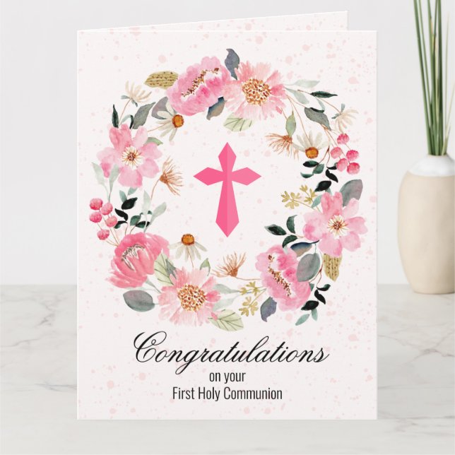 Pink Cross Floral Wreath First Communion Card (Front)