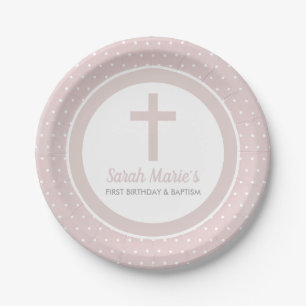 Pink Cross Girl Baby Baptism First Birthday Paper Plate