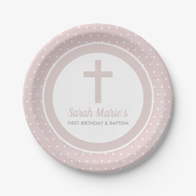 Pink Cross Girl Baby Baptism First Birthday Paper Plate (Front)