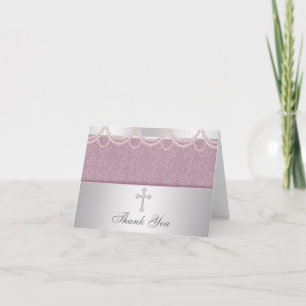 Pink Cross Girls Cristening Thank You Cards