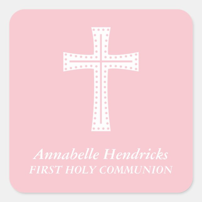 Pink Cross Girls First Communion Square Sticker (Front)