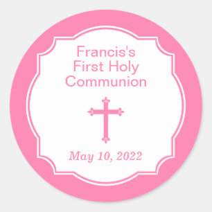 Pink Cross Girl's First Holy Communion Classic Round Sticker