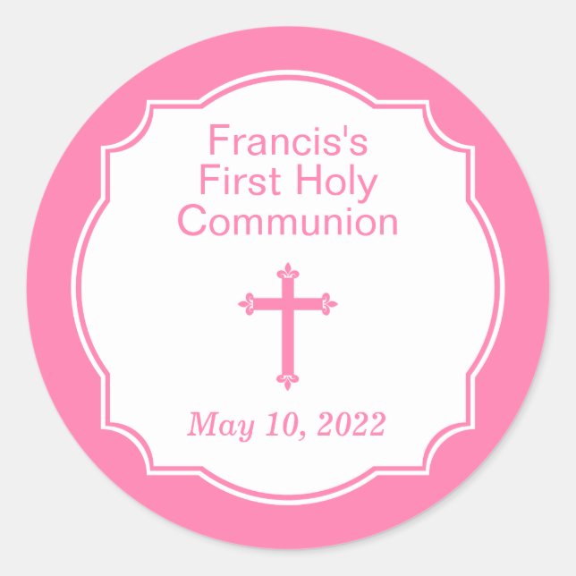 Pink Cross Girl's First Holy Communion Classic Round Sticker (Front)
