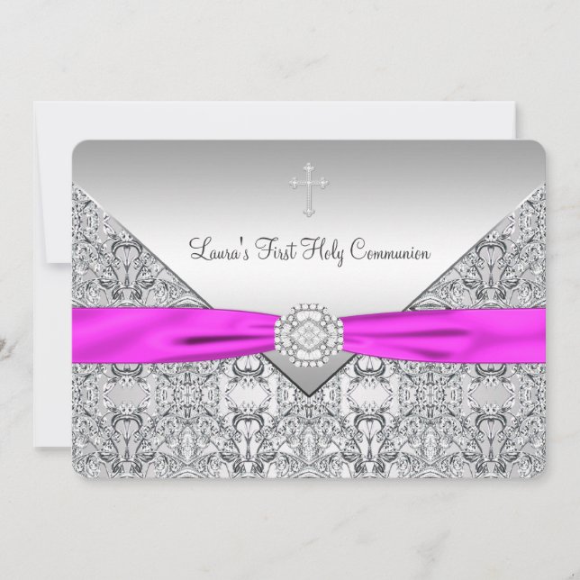 Pink Cross Girls Pink First Communion Invitation (Front)