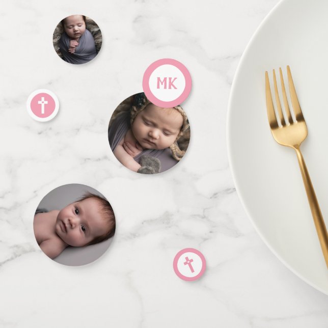 Pink Cross Initials 3 Photos Baptism Christening Confetti (Group)