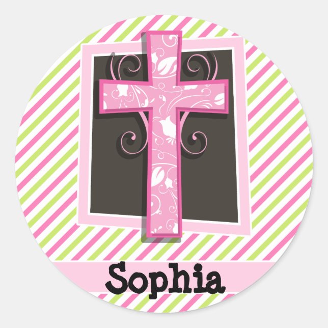 Pink Cross on Pink & Lime Green Stripes Classic Round Sticker (Front)