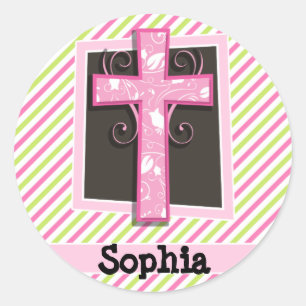 Pink Cross on Pink & Lime Green Stripes Classic Round Sticker