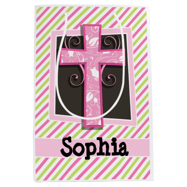 Pink Cross on Pink & Lime Green Stripes Medium Gift Bag (Front)