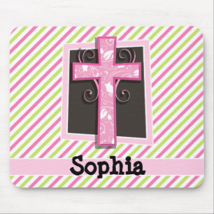 Pink Cross on Pink & Lime Green Stripes Mouse Mat