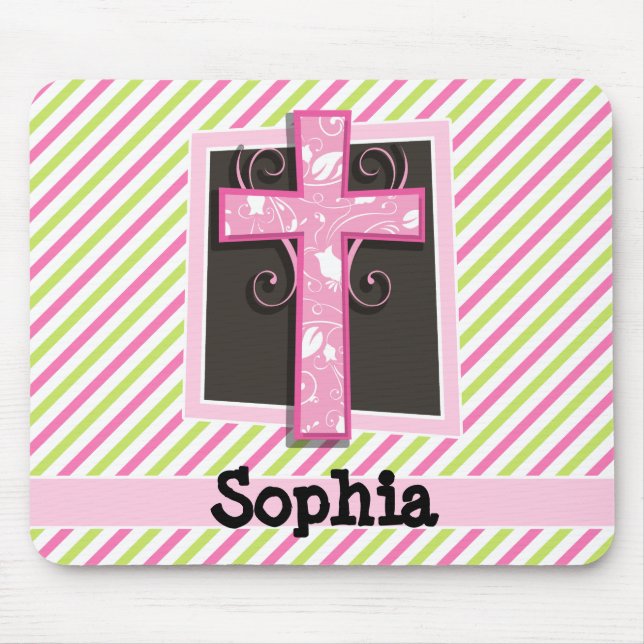 Pink Cross on Pink & Lime Green Stripes Mouse Mat (Front)