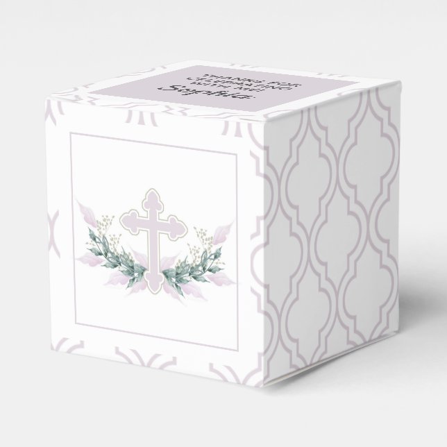 Pink Cross on Quatrefoil Party Favour Box (Front Side)