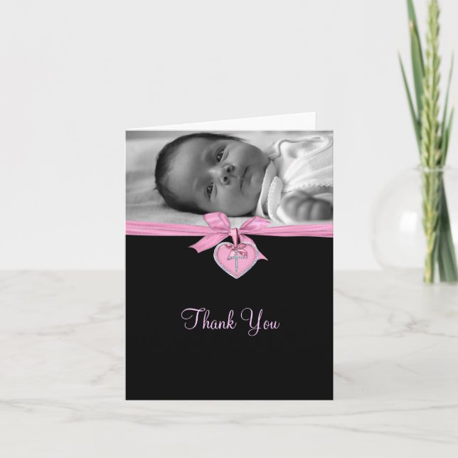 Pink Cross Photo Christening Thank You Card (Front)