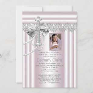 Pink Cross Photo First Communion Invitation