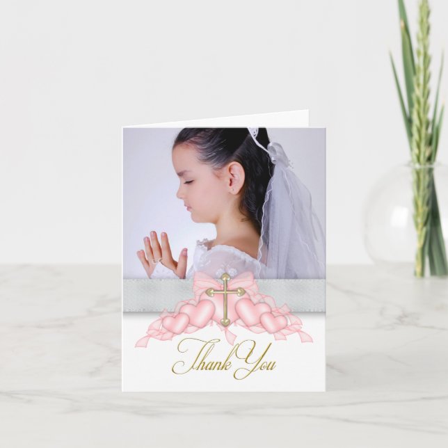 Pink Cross Photo First Communion Thank You Cards (Front)